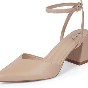 Women’s Closed Toe Heels Faux Leather 7cm Block Heel Nude Pump Dress Casual